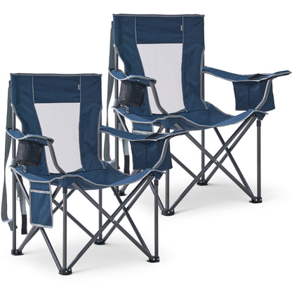 2 Pack Oversized Camping Chairs Heavy Duty Outdoor Chair, Folding Lawn Chairs with Cup Holders, Side Pocket & Cooler Bag, Portable Camp Chair for Outside, Tailgating, Sports Blue&Gray