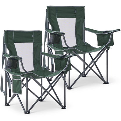 2 Pack Oversized Camping Chairs Heavy Duty Outdoor Chair, Folding Lawn Chairs with Cup Holders, Side Pocket & Cooler Bag, Portable Camp Chair for Outside, Tailgating, Sports Blue&Gray