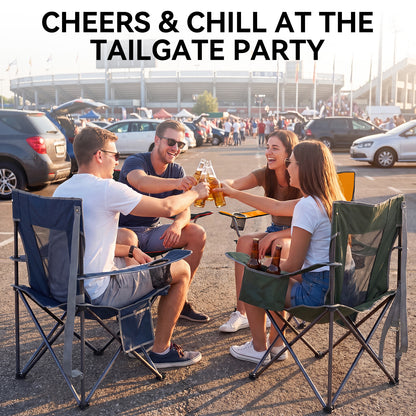 2 Pack Oversized Camping Chairs Heavy Duty Outdoor Chair, Folding Lawn Chairs with Cup Holders, Side Pocket & Cooler Bag, Portable Camp Chair for Outside, Tailgating, Sports Blue&Gray