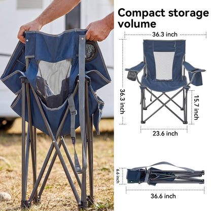 2 Pack Oversized Camping Chairs Heavy Duty Outdoor Chair, Folding Lawn Chairs with Cup Holders, Side Pocket & Cooler Bag, Portable Camp Chair for Outside, Tailgating, Sports Blue&Gray